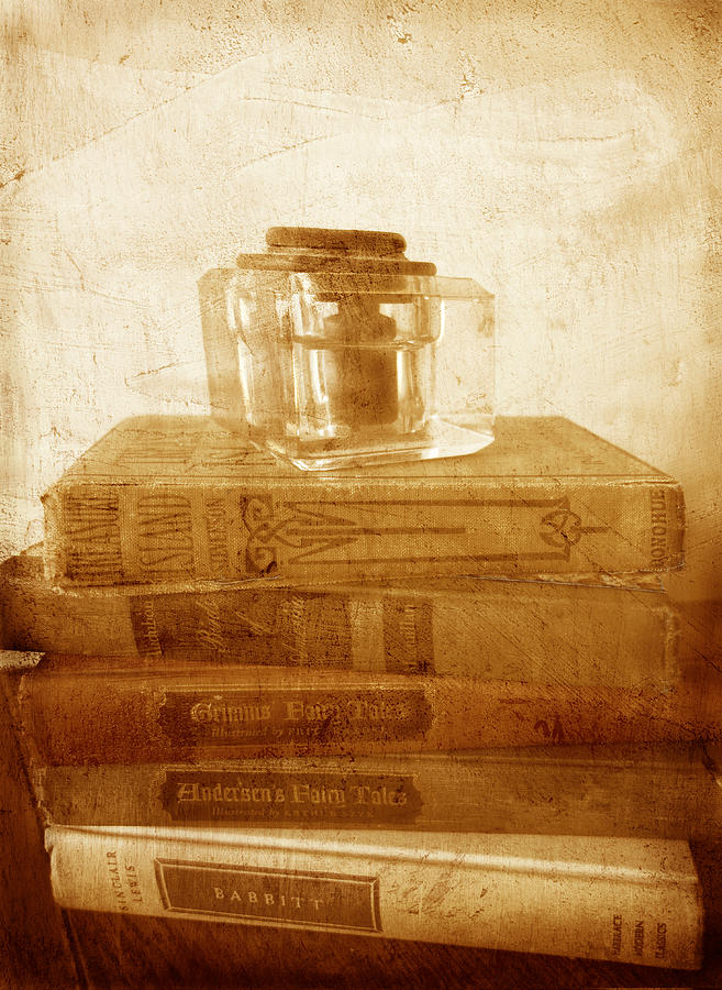 Book Photograph - Antique Inkwell on Old Books vintage style by Ann Powell