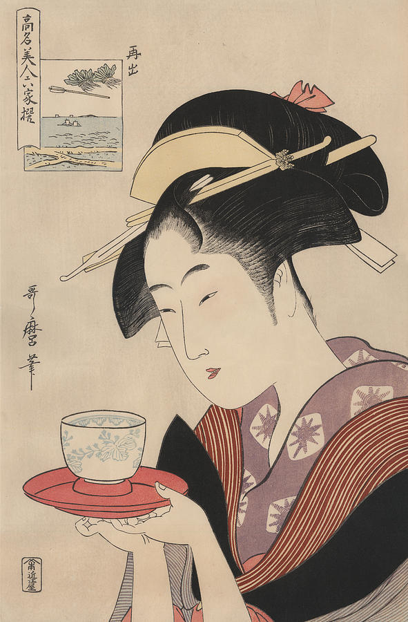 Antique Japanese Woodblock, woman serving tea Drawing by BernardAllum
