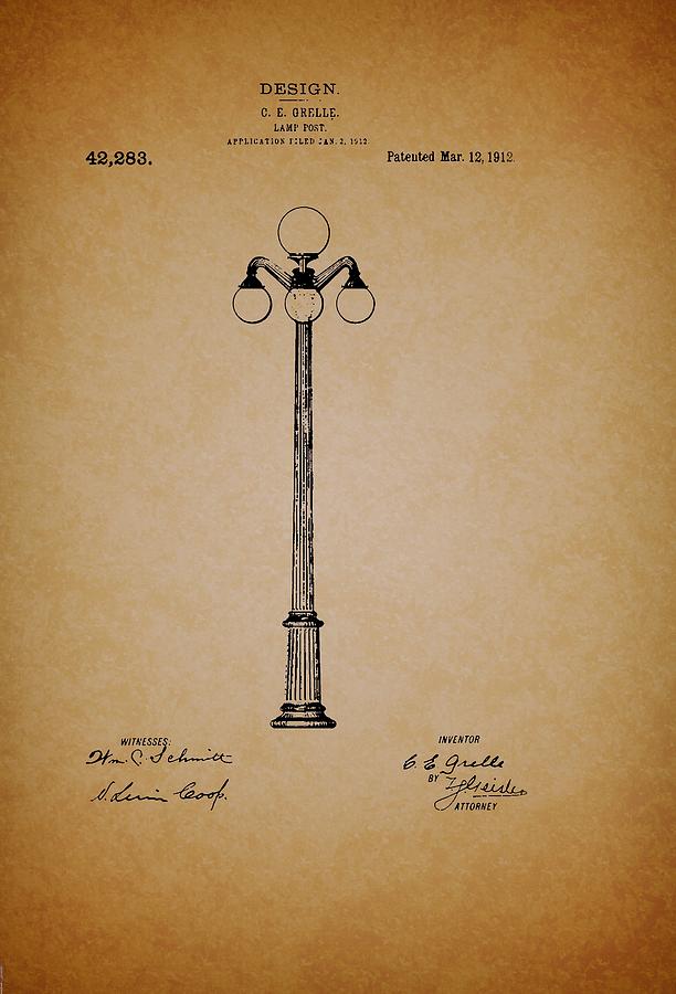 Vintage Drawing - Antique Lamp Post Patent by Mountain Dreams