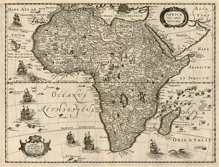 Map Drawing - Antique Map of Africa by Jodocus Hondius - circa 1640 by Blue Monocle