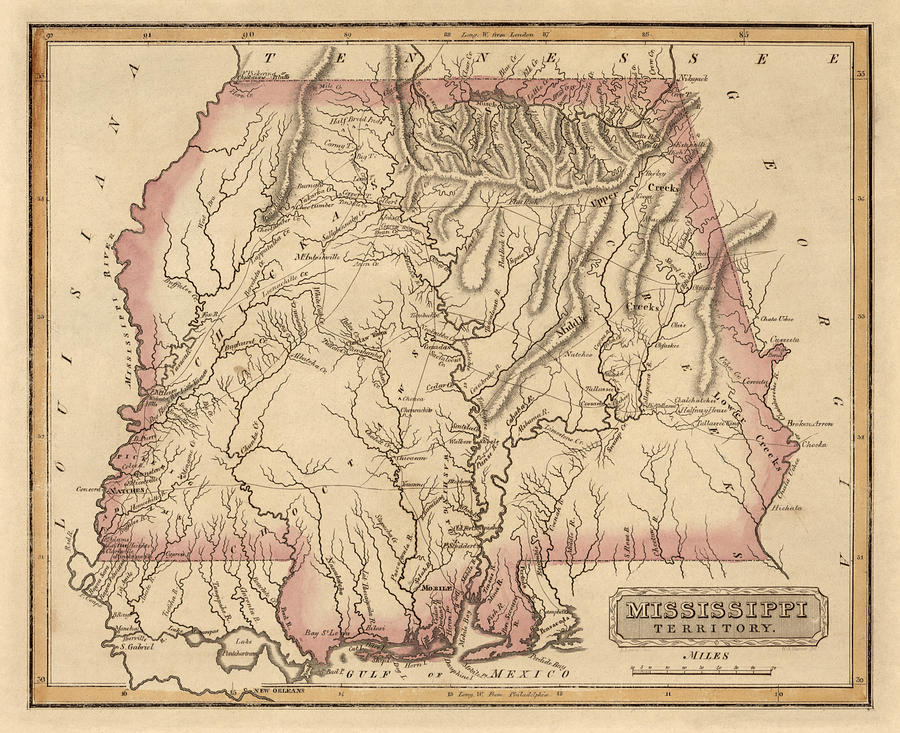Alabama Map Drawing - Antique Map of Alabama and Mississippi by Fielding Lucas - circa 1817 by Blue Monocle