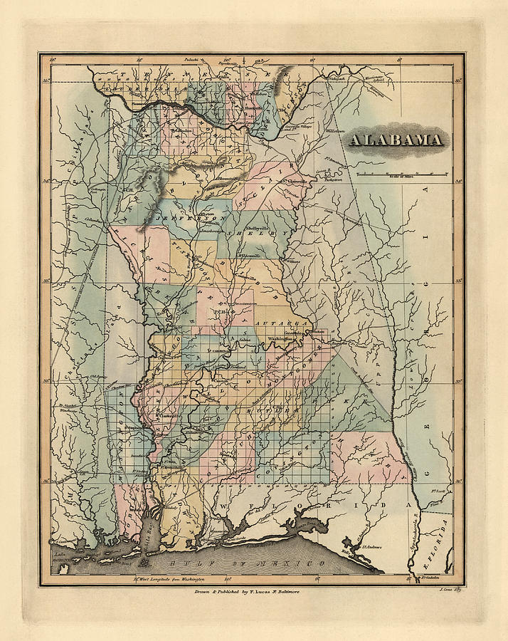 Alabama Map Drawing - Antique Map of Alabama by Fielding Lucas - 1826 by Blue Monocle