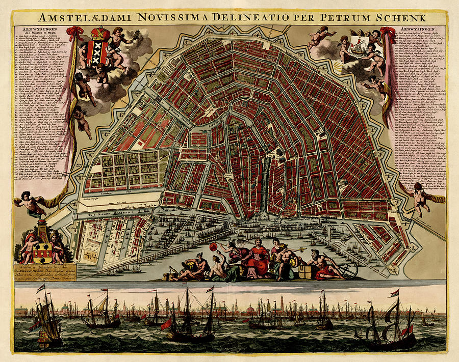 Antique Map of Amsterdam by Pieter Schenk - circa 1702 Drawing by Blue Monocle