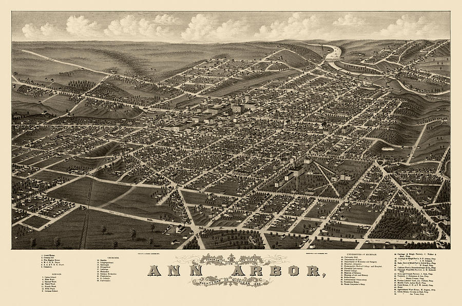 Map Drawing - Antique Map of Ann Arbor Michigan by A. Ruger - 1880 by Blue Monocle