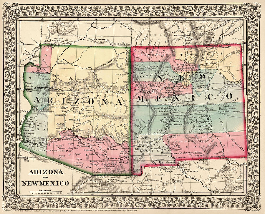 Antique Map of Arizona and New Mexico by Samuel Augustus Mitchell - 1867 Drawing by Blue Monocle