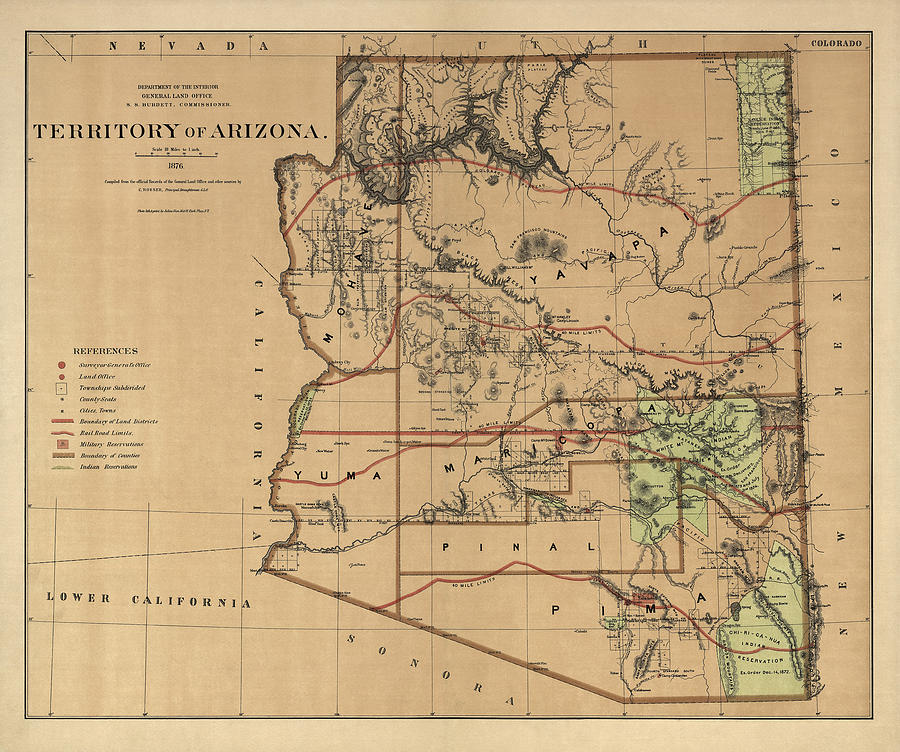 Antique Map of Arizona by the U.S. General Land Office - 1876 Drawing by Blue Monocle