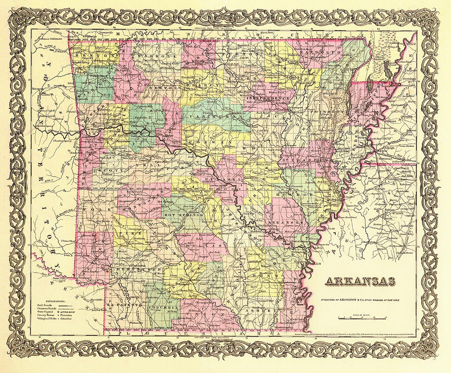 Map Drawing - Antique Map of Arkansas 1855 by Mountain Dreams