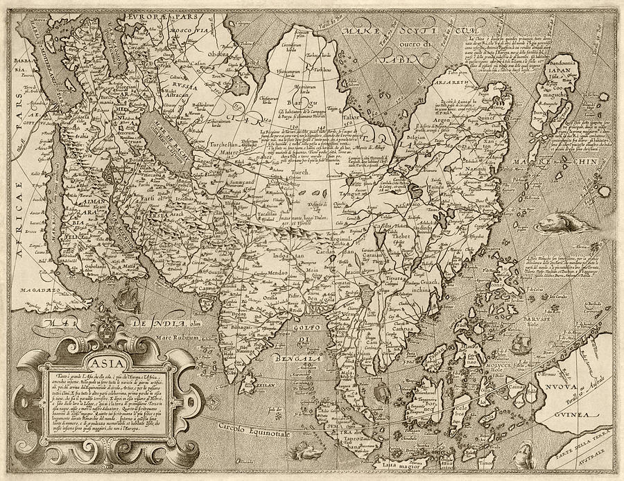 Map Drawing - Antique Map of Asia by Arnoldo di Arnoldi - circa 1600 by Blue Monocle