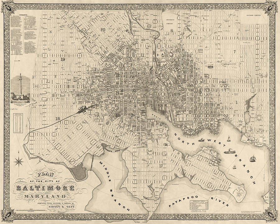 Baltimore Drawing - Antique Map of Baltimore Maryland by Sidney and Neff - 1851 by Blue Monocle