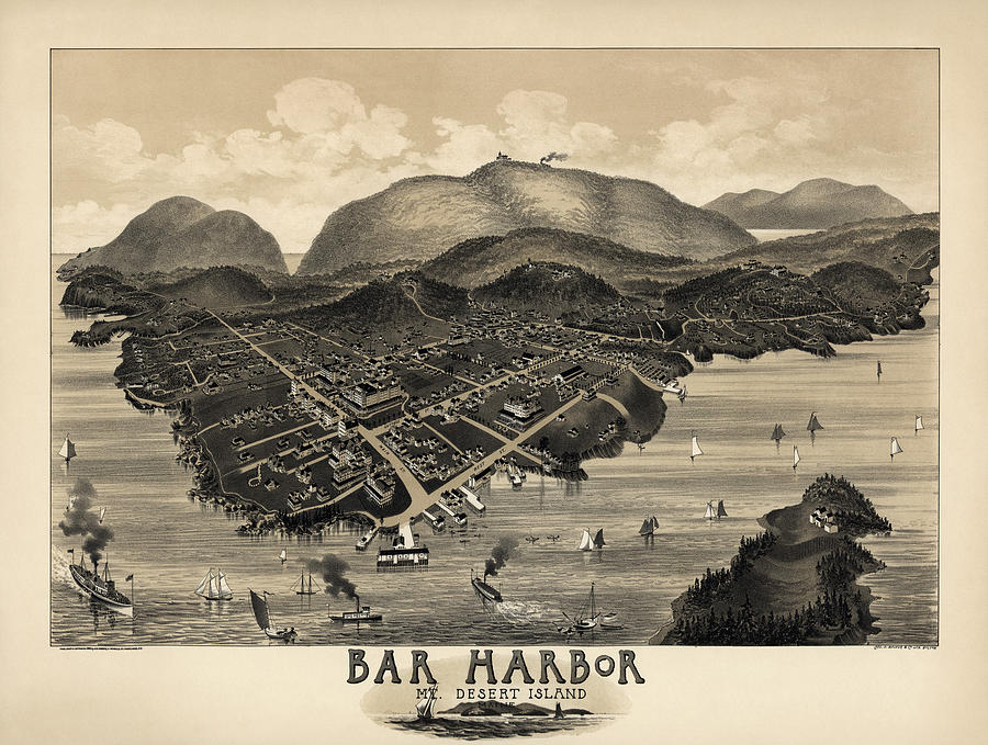 Acadia National Park Drawing - Antique Map of Bar Harbor Maine by G. W. Morris - 1886 by Blue Monocle