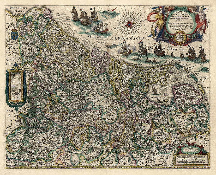 Antique Map of Belgium and the Netherlands by Willem Janszoon Blaeu - 1647 Drawing by Blue Monocle