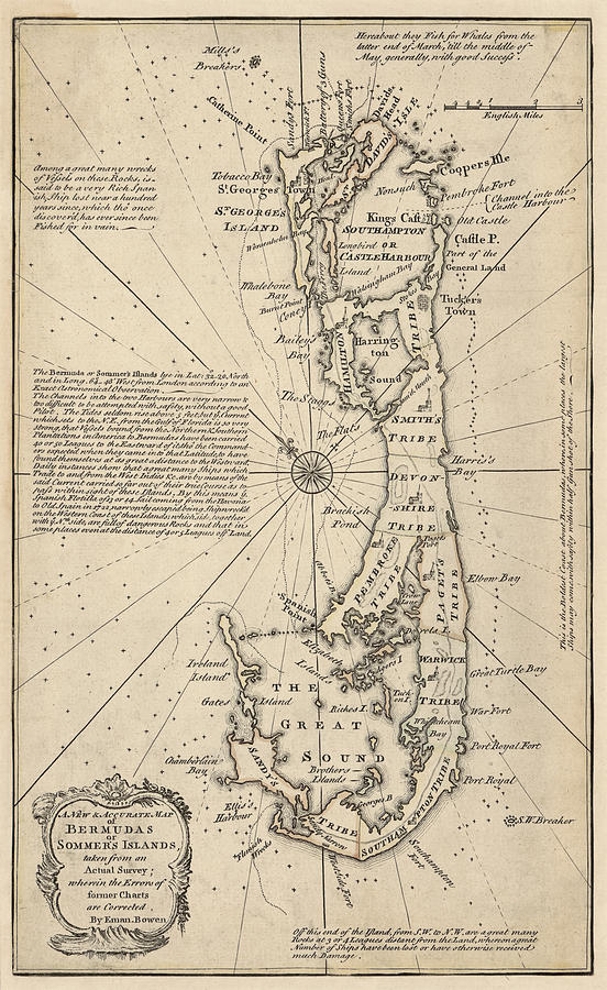 Antique Map of Bermuda by Emanuel Bowen - 1750 Drawing by Blue Monocle
