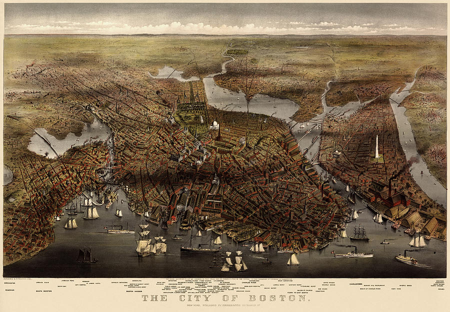 Currier And Ives Drawing - Antique Map of Boston by Currier and Ives - 1873 by Blue Monocle