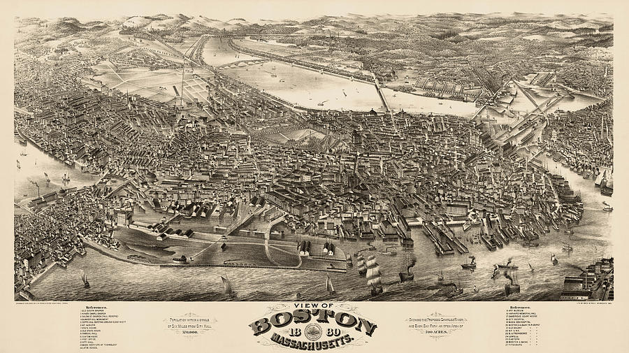 Boston Drawing - Antique Map of Boston Masschusetts by H.H. Rowley and Co. - 1880 by Blue Monocle