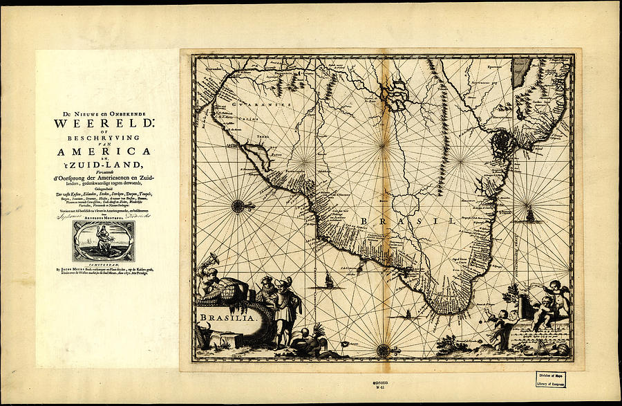 Vintage Drawing - Antique Map of Brazil 1671 by Celestial Images