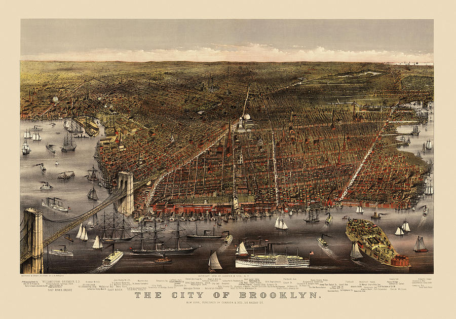 Currier And Ives Drawing - Antique Map of Brooklyn by Currier and Ives - circa 1879 by Blue Monocle