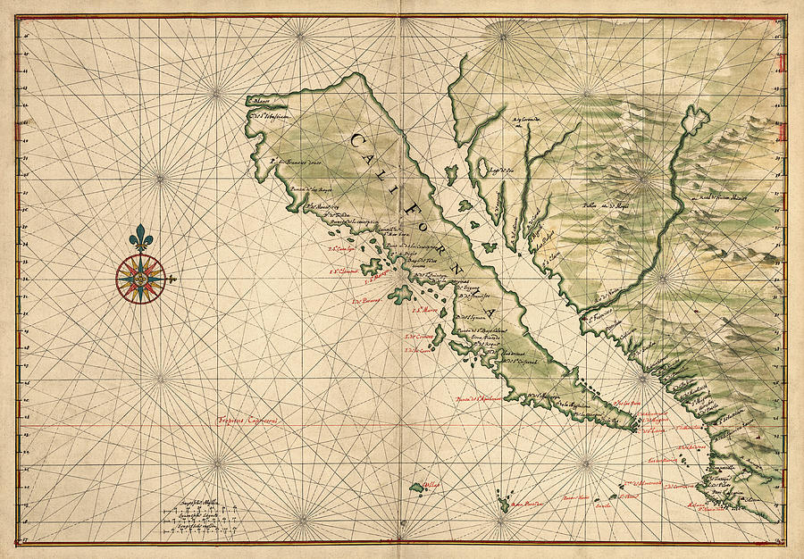 California Map Drawing - Antique Map of California as an Island by Joan Vinckeboons - 1650 by Blue Monocle