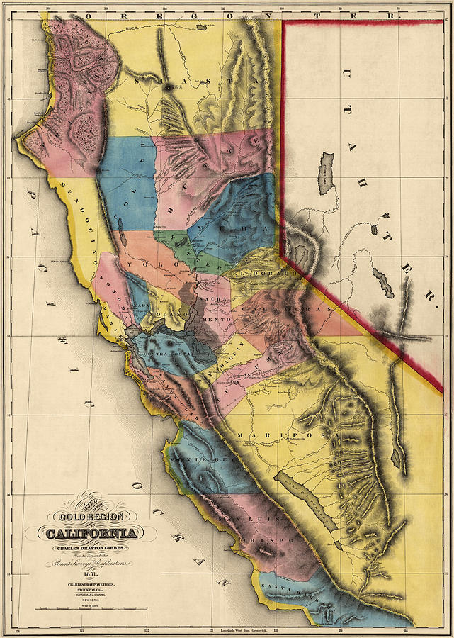 Antique Map of California by Charles Drayton Gibbes - 1851 Drawing by ...