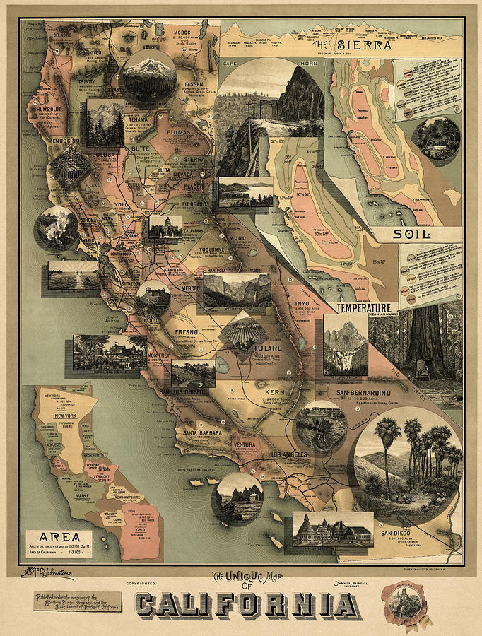 California Map Drawing - Antique Map of California by E. McD. Johnstone - 1888 by Blue Monocle