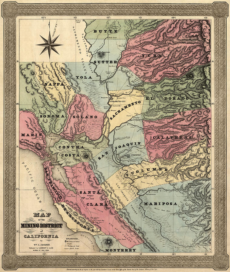 Antique Map of California by William A. Jackson - 1851 Drawing by Blue Monocle