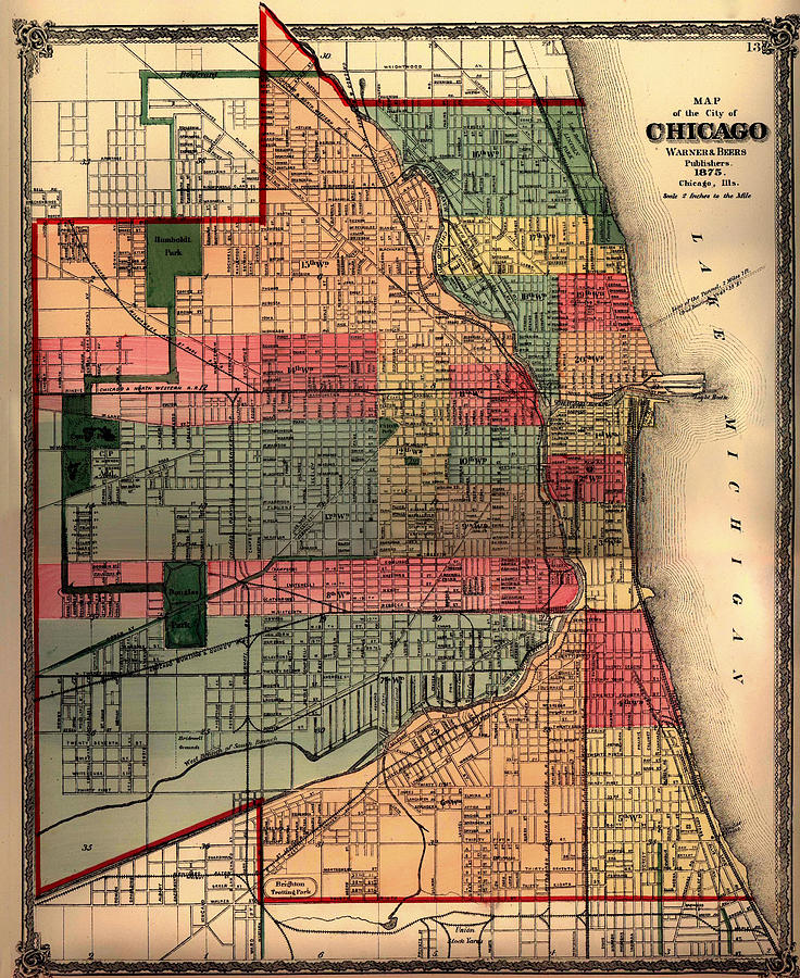 Antique Map of Chicago 1875 Drawing by Mountain Dreams