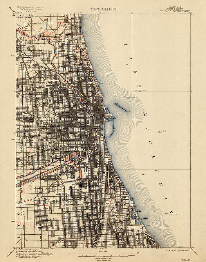 Chicago Drawing - Antique Map of Chicago - USGS Topographic Map - 1901 by Blue Monocle