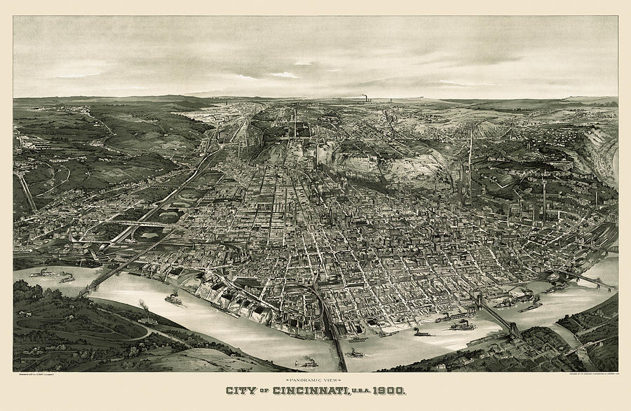 Antique Map of Cincinnati Ohio by John L. Trout - 1900 Drawing by Blue Monocle