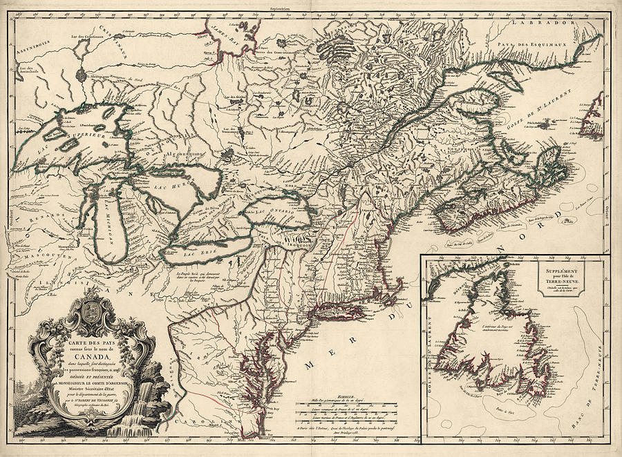 Map Drawing - Antique Map of Colonial Canada and America by Didier Robert de Vaugondy - 1753 by Blue Monocle