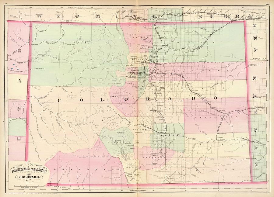 Antique Map of Colorado by Asher and Adams - 1874 Drawing by Eric Glaser
