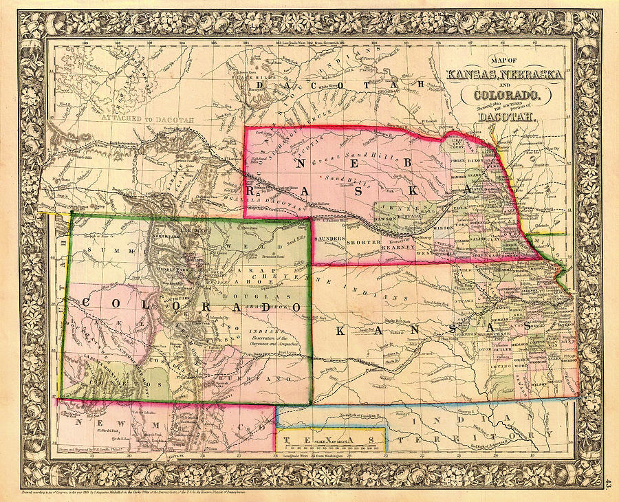Antique Map of Colorado Nebraska and Kansas 1860 Drawing by Mountain Dreams