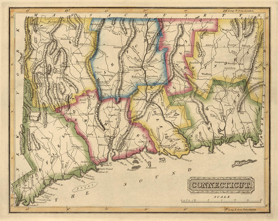 Connecticut Map Drawing - Antique Map of Connecticut by Fielding Lucas - circa 1817 by Blue Monocle