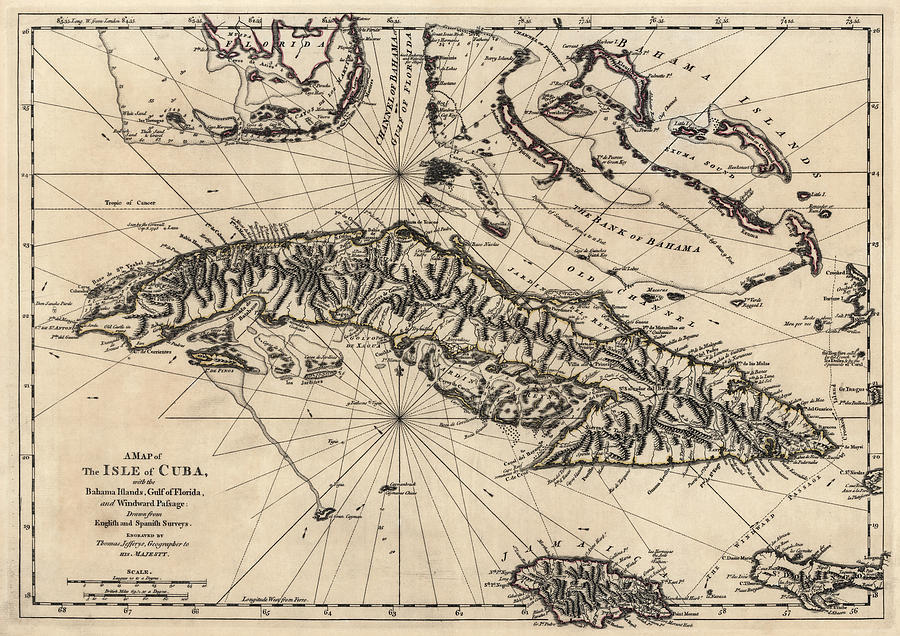 Map Drawing - Antique Map of Cuba by Thomas Jefferys - 1768 by Blue Monocle
