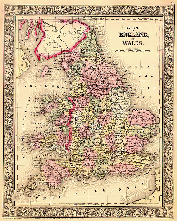 Antique Map of England and Wales 1864 Drawing by Mountain Dreams