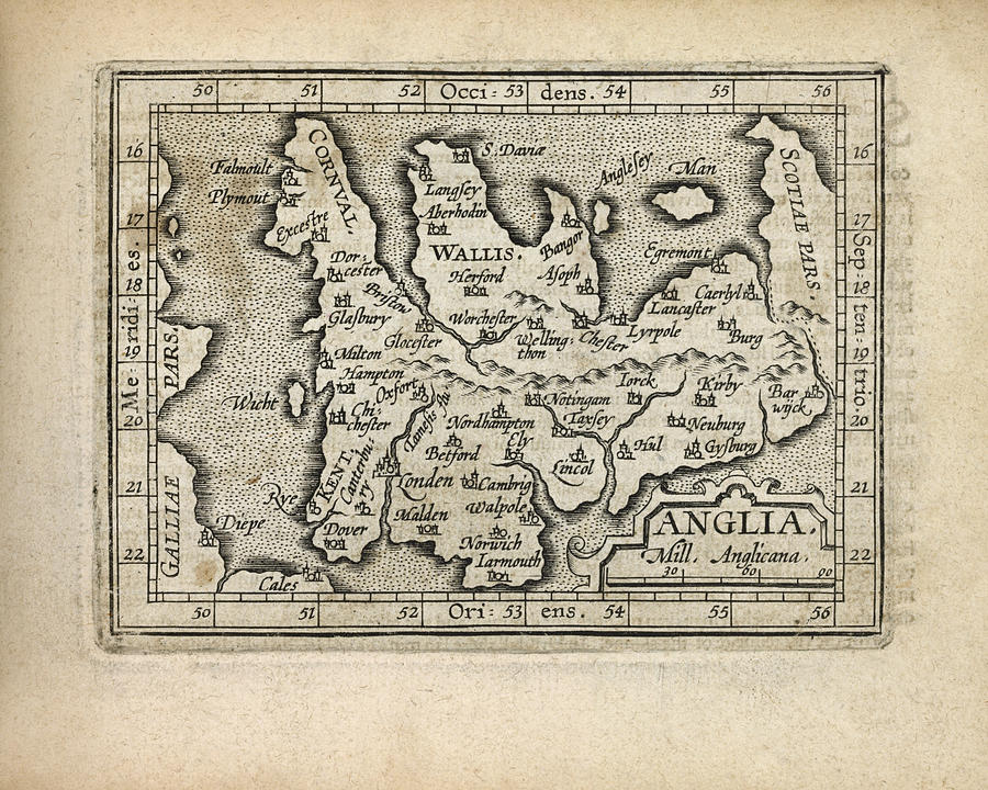 Map Drawing - Antique Map of England and Wales by Abraham Ortelius - 1603 by Blue Monocle