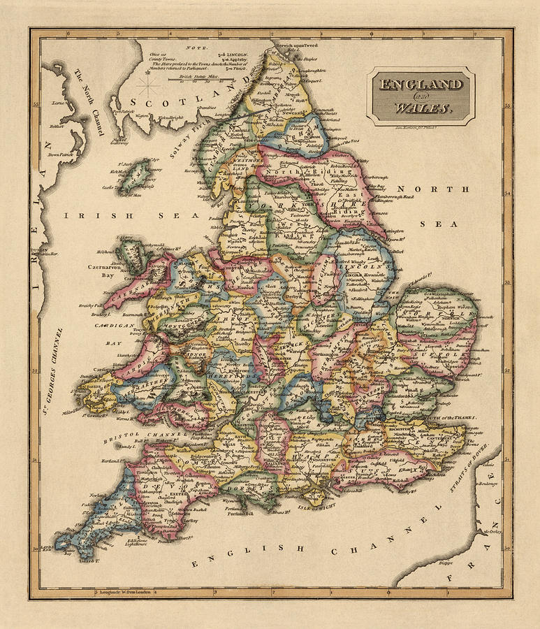 Map Drawing - Antique Map of England and Wales by Fielding Lucas - circa 1817 by Blue Monocle
