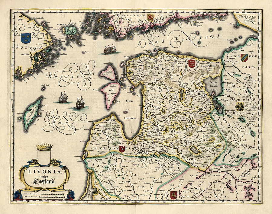 Antique Map of Estonia Latvia and Lithuania by Willem Janszoon Blaeu - 1647 Drawing by Blue Monocle