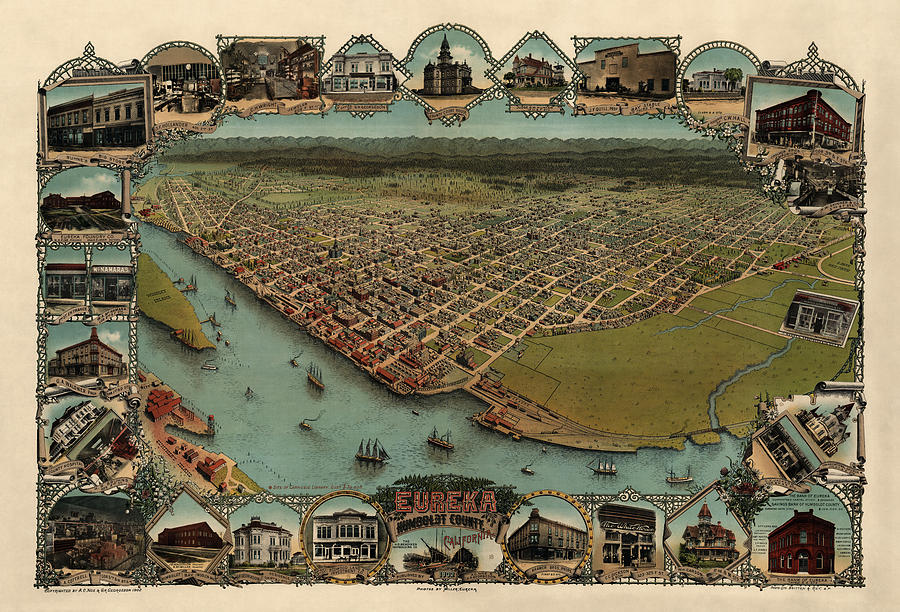 Antique Map of Eureka California by Noe and Georgeson - 1902 Drawing by Blue Monocle