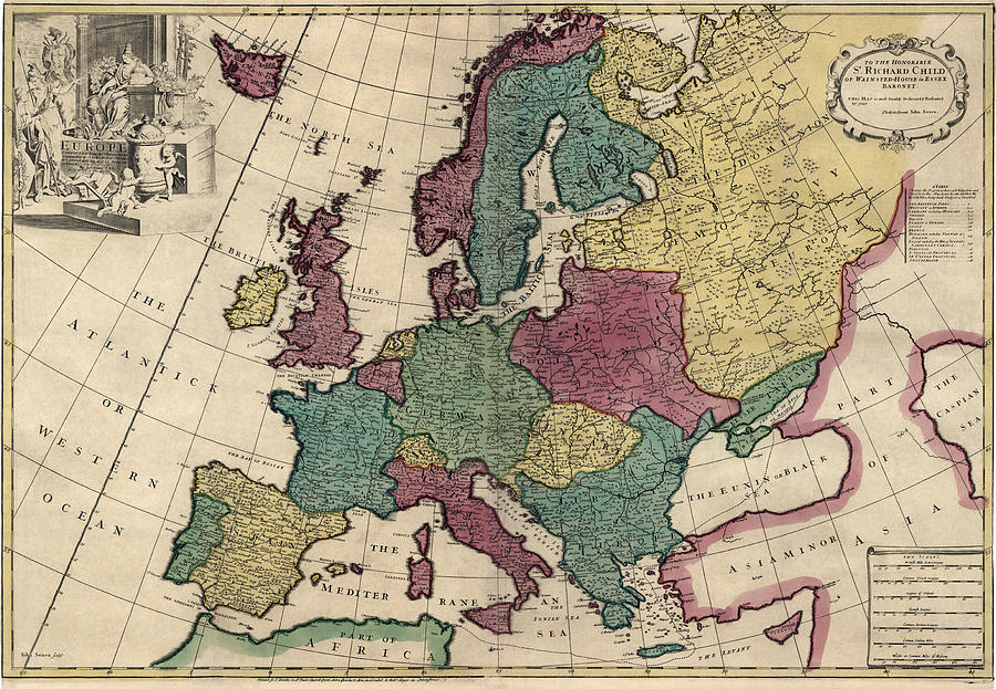 Antique Map of Europe by John Senex - circa 1719 Drawing by Blue Monocle