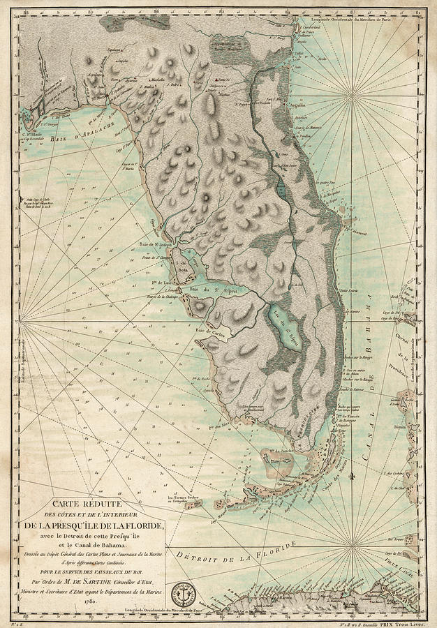 Florida Map Drawing - Antique Map of Florida - 1780 by Blue Monocle