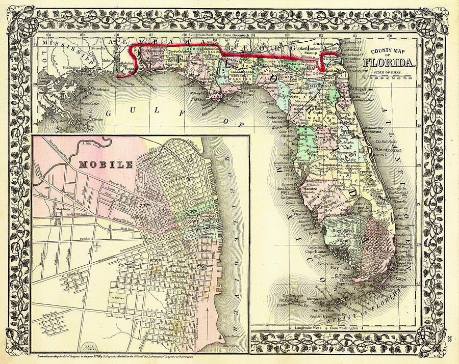 Map Drawing - Antique Map of Florida 1874 by Mountain Dreams