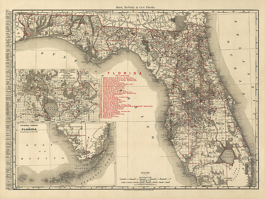 Florida Map Drawing - Antique Map of Florida by Rand McNally and Company - 1900 by Blue Monocle