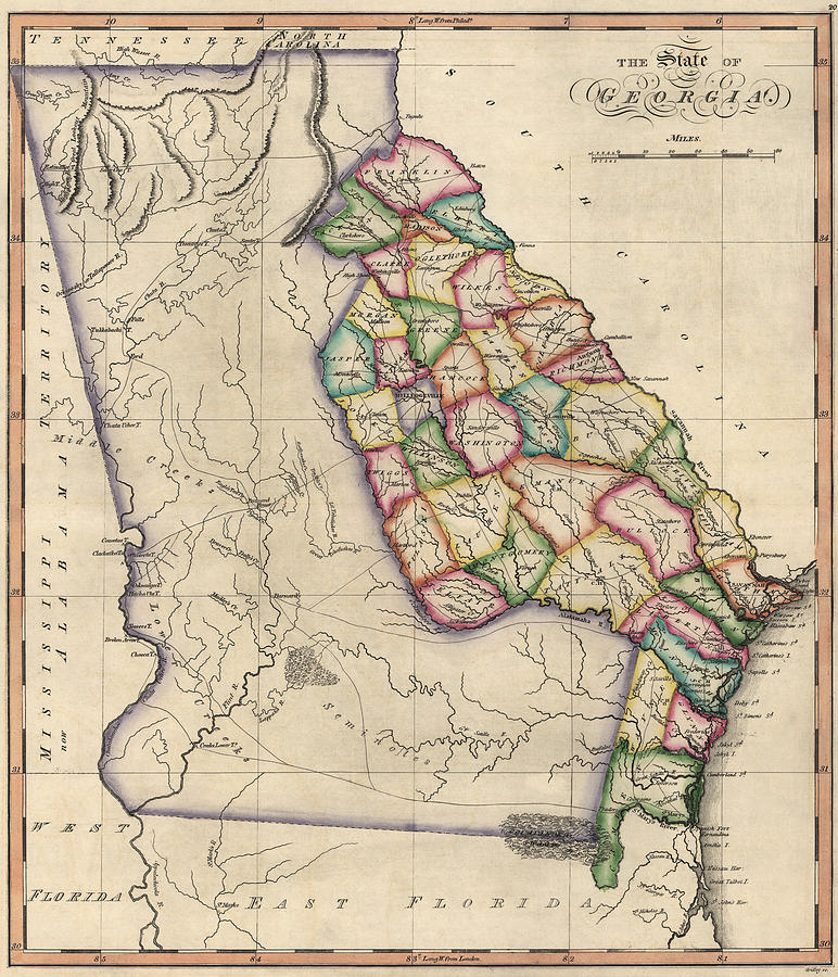 Antique Map of Georgia by Samuel Lewis - circa 1810 Drawing by Blue Monocle