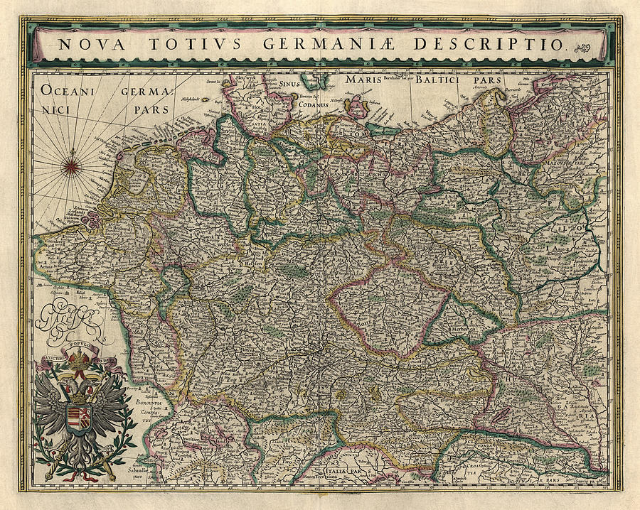 Antique Map of Germany by Willem Janszoon Blaeu - 1647 Drawing by Blue Monocle