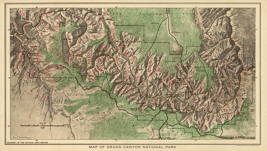 Antique Map of Grand Canyon National Park by the National Park Service - 1926 Drawing by Blue Monocle