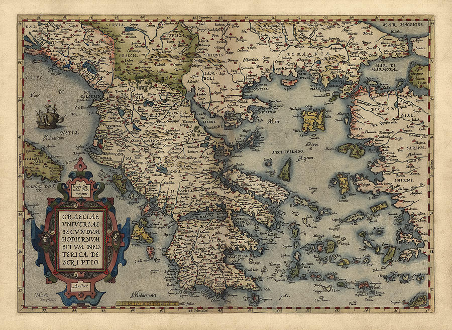 Map Drawing - Antique Map of Greece by Abraham Ortelius - 1570 by Blue Monocle
