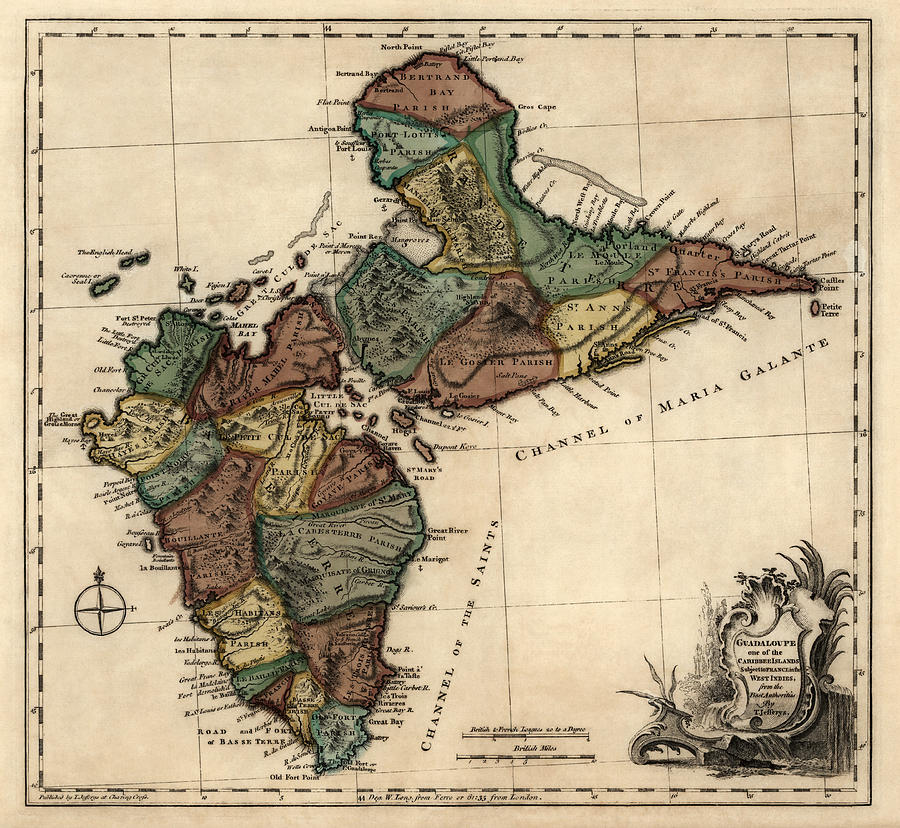 Antique Map of Guadeloupe by Thomas Jefferys - 1768 Drawing by Blue Monocle