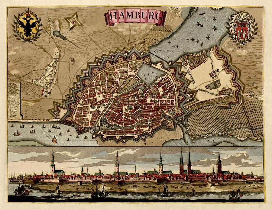 Antique Map of Hamburg Germany by Pieter Schenk - circa 1702 Drawing by Blue Monocle