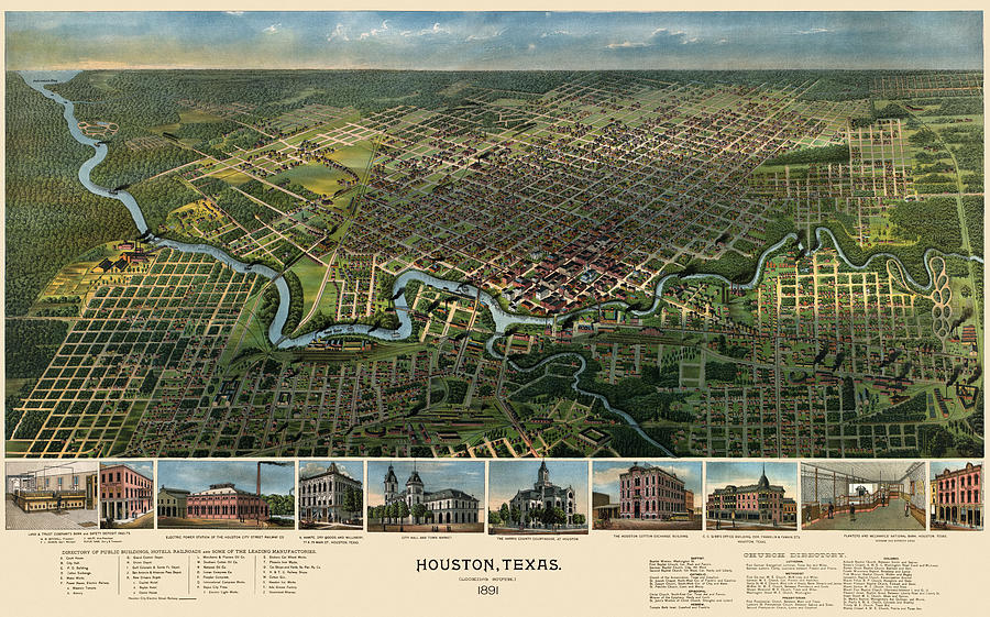 Antique Map of Houston Texas - 1891 Drawing by Blue Monocle