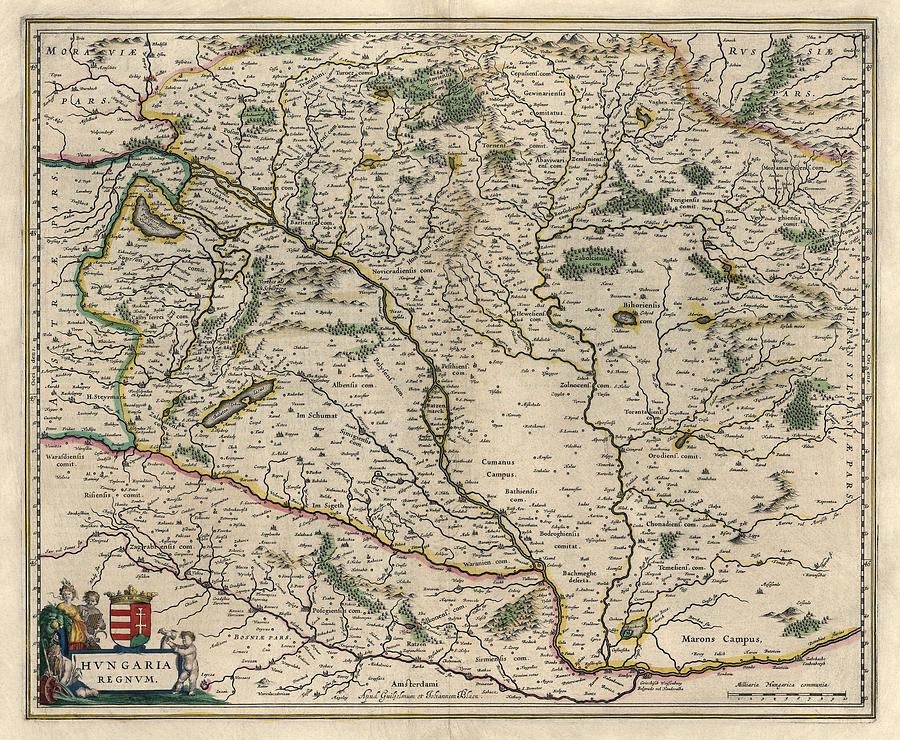 Antique Map of Hungary by Willem Janszoon Blaeu - 1647 Drawing by Blue Monocle