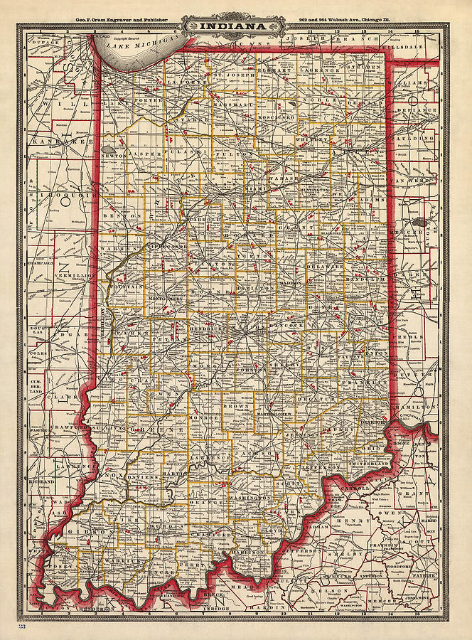 Antique Map of Indiana by George Franklin Cram - 1888 Drawing by Blue Monocle